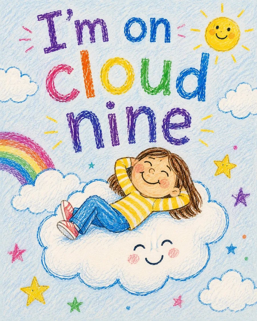 Детская иллюстрация английской идиомы I’m on cloud nine