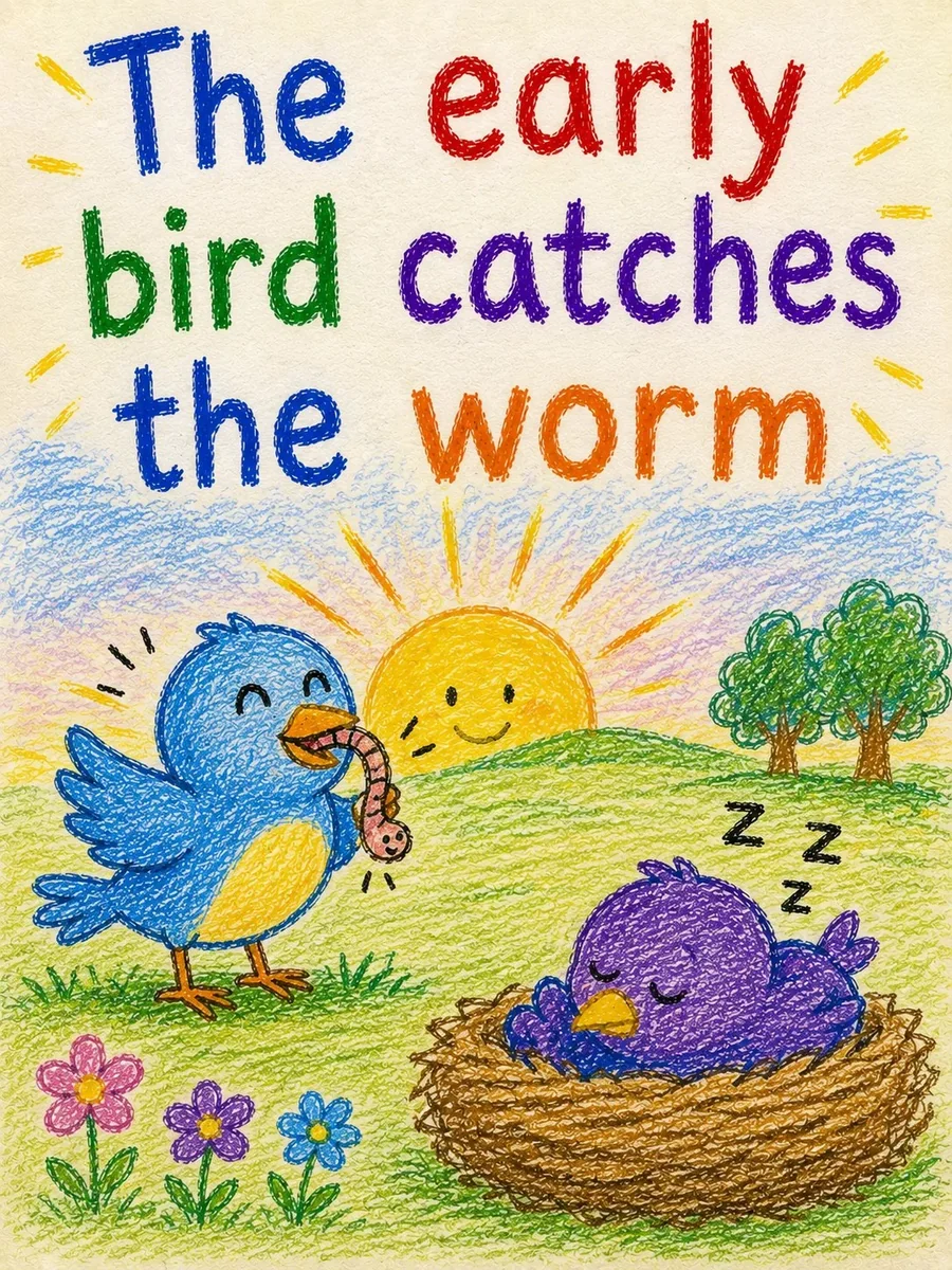 Детская иллюстрация английской пословицы The early bird catches the worm
